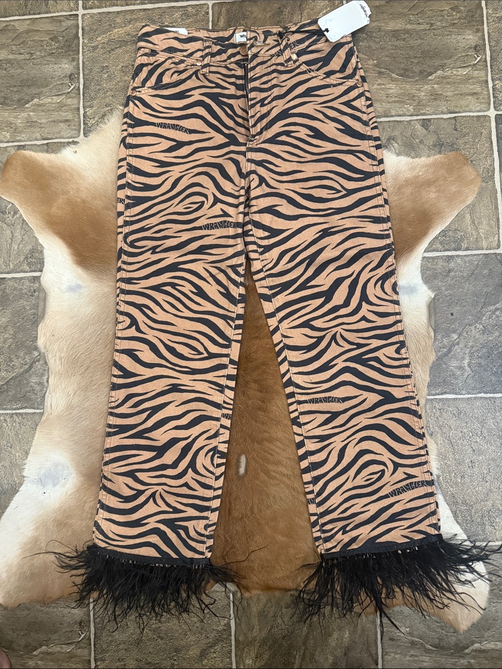 Wrangler Tan and Black Zebra-Print Straight-Leg Jeans with Feather Trim